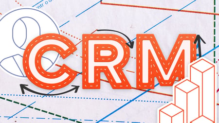 CRM text with personal and graph icons and line background for banks