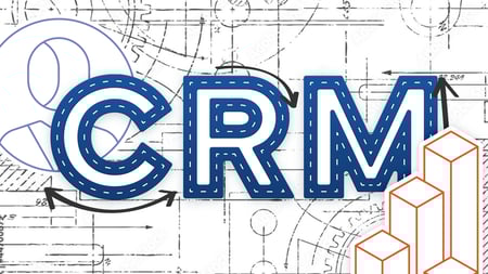 CRM text with personal and graph icons and credit union measure background