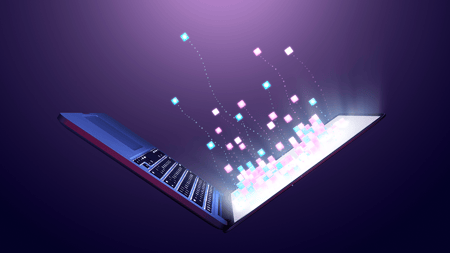 computer with icons coming off it 