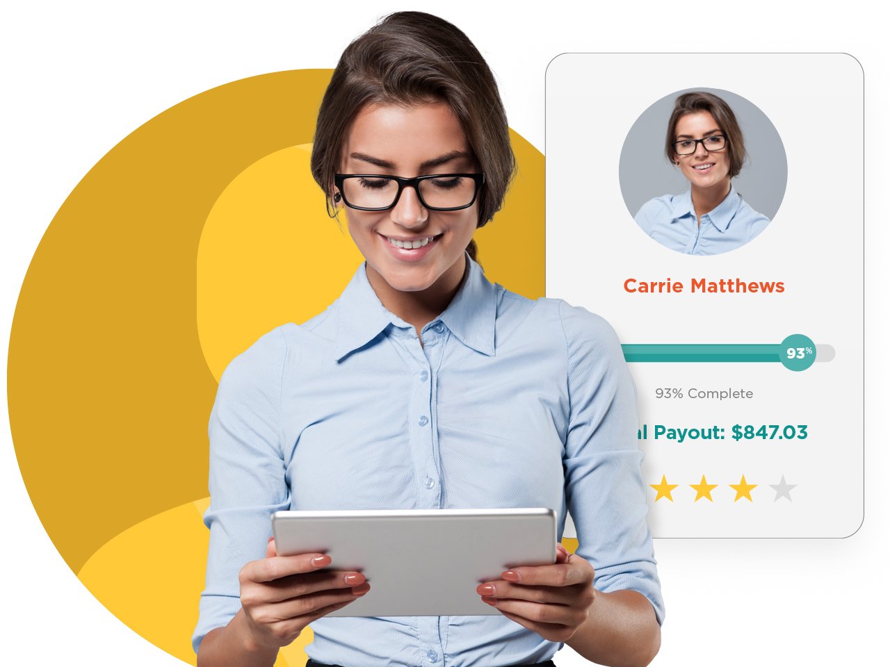 business-woman-with-tablet-scorecard-in-background