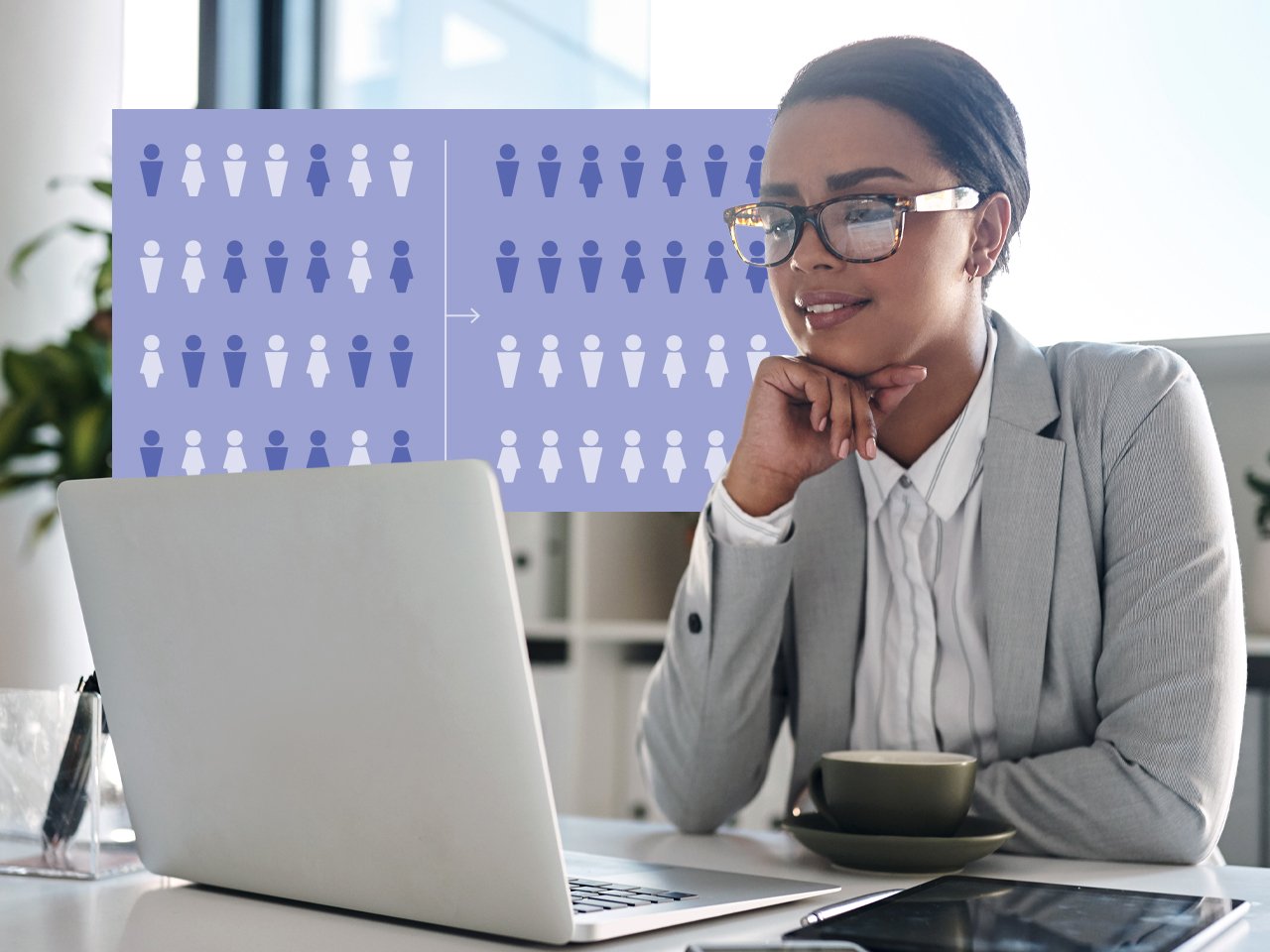 woman-looing-at-laptop-customer-segmentation-icons-in-background